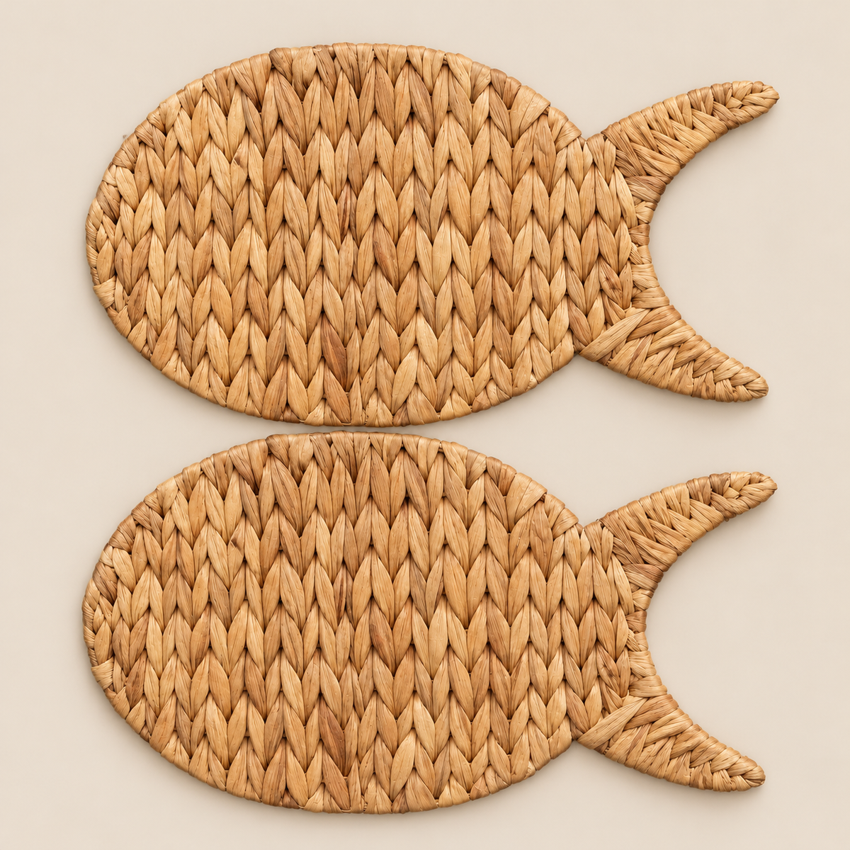 Handmade Fish Placemat, Woven Water Hyacinth Place Mats, Coastal Dining Table Mat on a beige backdrop