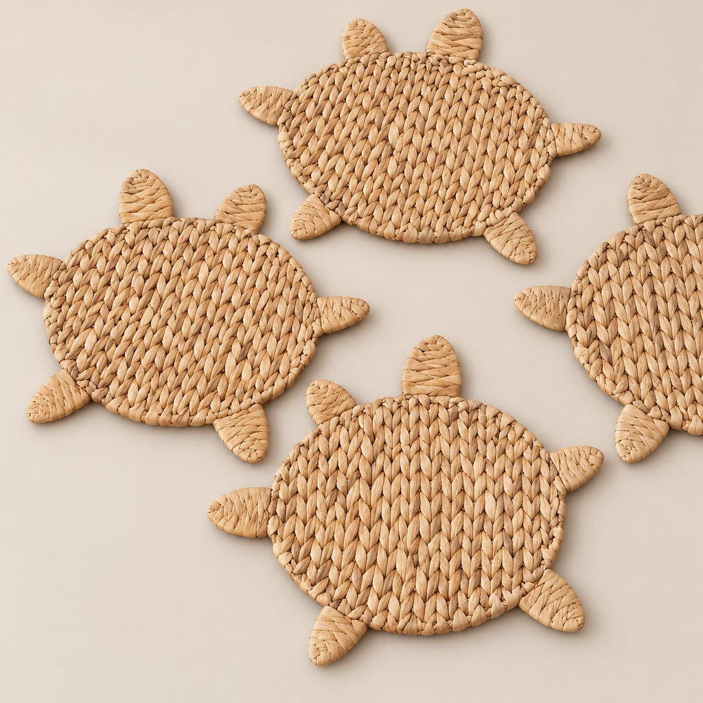 Handmade Turtle Placemat, Woven Water Hyacinth Table Mat, Coastal Kitchen Island and Dining Placemats on a beige backdrop