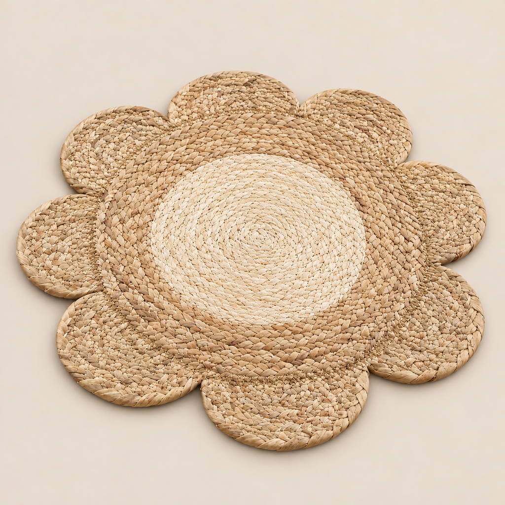 Handmade Water Hyacinth Placemat, Woven Flower Table Mat, Boho Round Charger, Natural Dining Decor on a beige backdrop