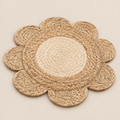 Handmade Water Hyacinth Placemat, Woven Flower Table Mat, Boho Round Charger, Natural Dining Decor on a beige backdrop