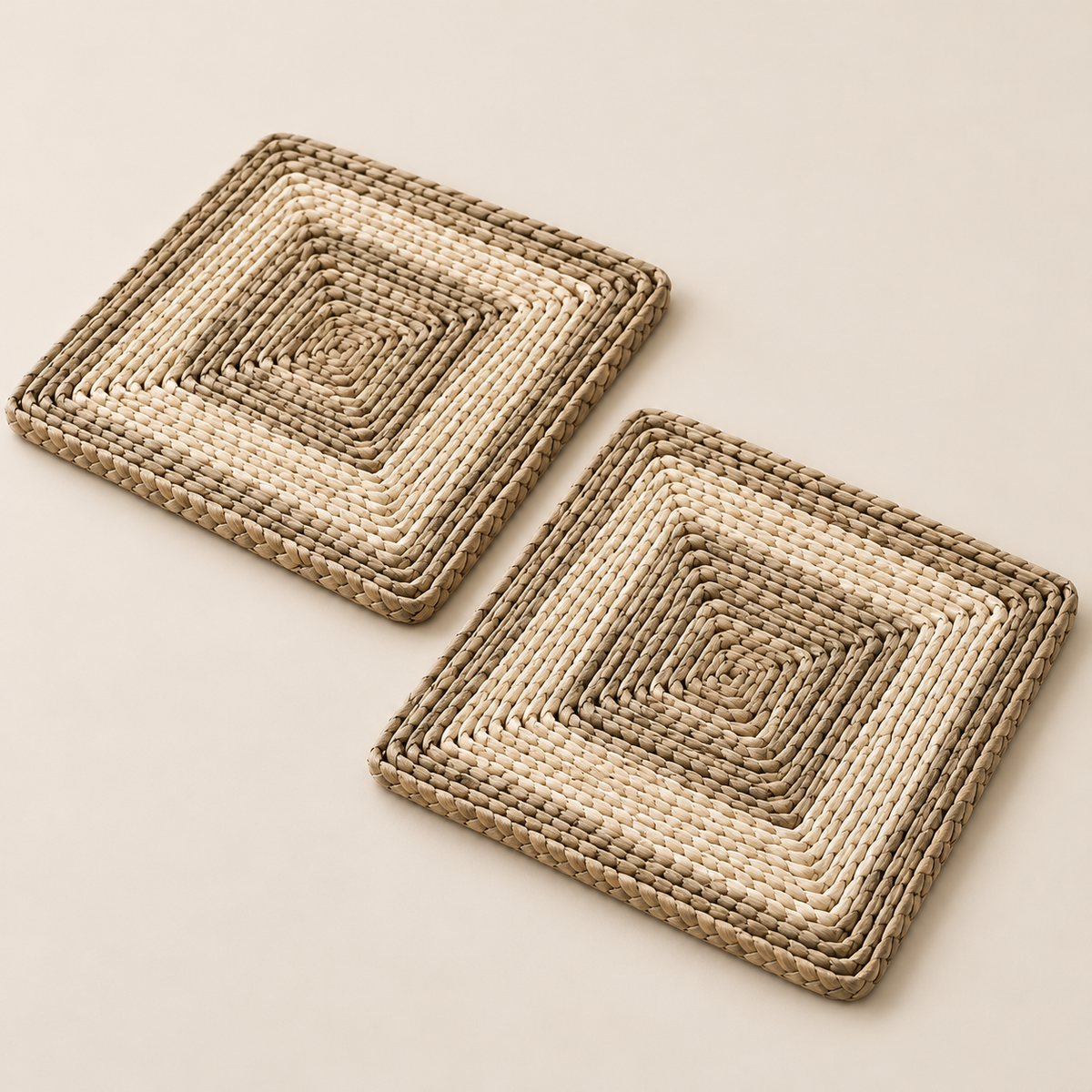 Handmade Woven Placemats Set of 4, Square 30 cm Cattail Table Mats, Kitchen Dining Decor on a beige backdrop