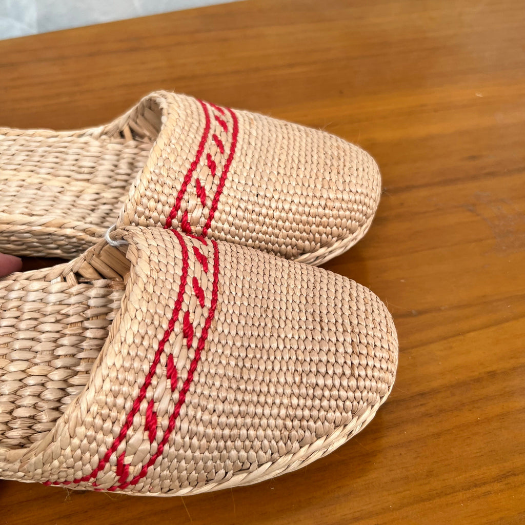 Close-up of woven straw slippers in beige with red decorative trim, focusing on the rounded front uppers. Features braided natural fiber texture, lightweight flat soles, breathable and eco-friendly design for summer beach or indoor comfort.