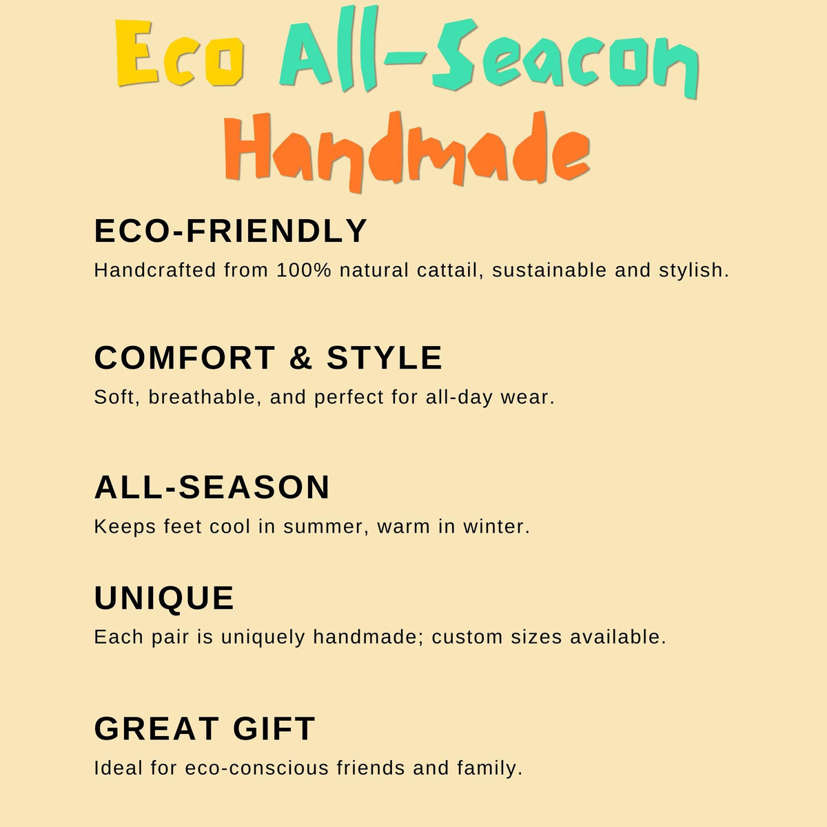 Eco All-Season Handmade features card with benefits listed: eco-friendly, comfort and style, all-season use, unique handmade design, and great gift idea. Colorful heading on beige background.