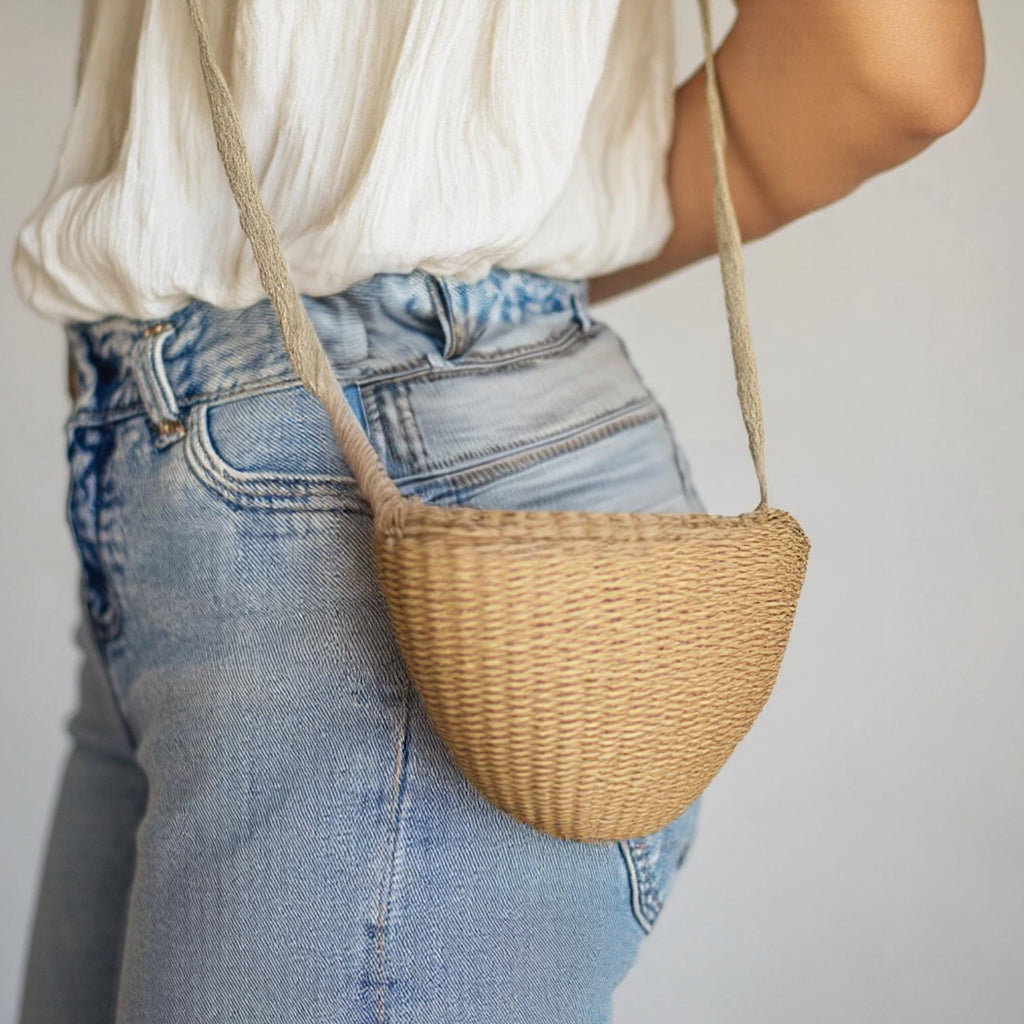 Mini Straw Crossbody Bag, Small Woven Basket Purse with Zip Top, Boho Summer Sling Bag for Sundress, Travel and Beach, Two Sizes