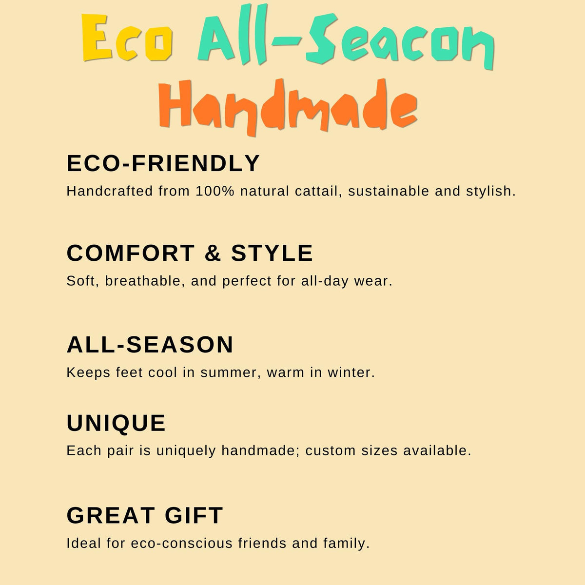 Eco-friendly handmade woven straw slippers crafted from 100% natural cattail. Soft, breathable, suitable for all-season wear. Each pair is unique and available in custom sizes, making a great sustainable gift for eco-conscious friends and family.