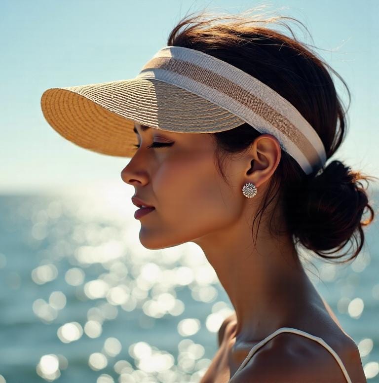 Woman in a straw sun hat visor with a wide brim enjoys the sunshine by the ocean. Lightweight, stylish summer cap for beach, outdoor UV protection, vacation, honeymoon, garden, or a thoughtful gift for her mom.