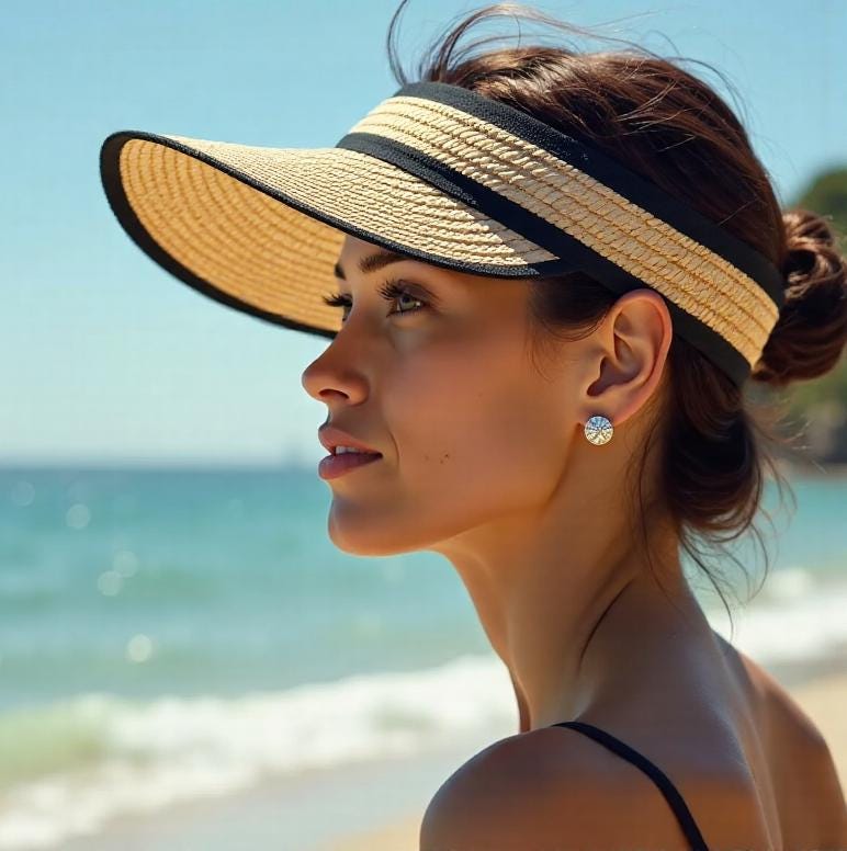 Woman wearing a straw sun hat visor with a wide brim on the beach. Lightweight, stylish cap for summer, outdoor UV protection, travel, vacation, garden, honeymoon, or as a thoughtful gift for her mom.