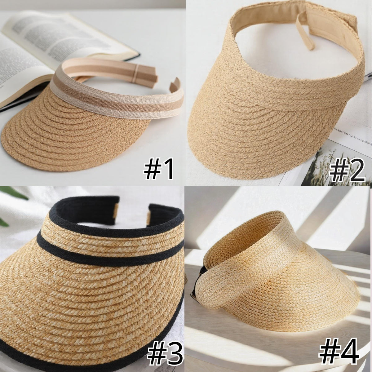 Four styles of straw sun hat visors with wide brims, displayed with open book and bright light. Lightweight, stylish caps for summer, beach, vacation, outdoor UV protection, honeymoon, or as a gift for her mom.