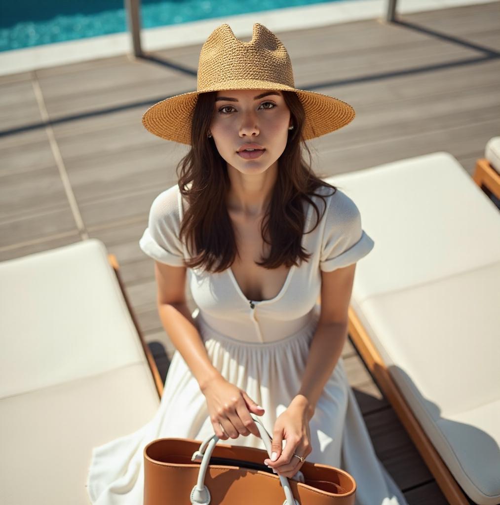 Woman sitting by a pool in a white summer dress, wearing a wide brim straw sun hat and holding a brown tote bag. Lightweight, stylish hat for beach, outdoor UV protection, vacation, honeymoon, garden, or as a thoughtful gift for her mom.