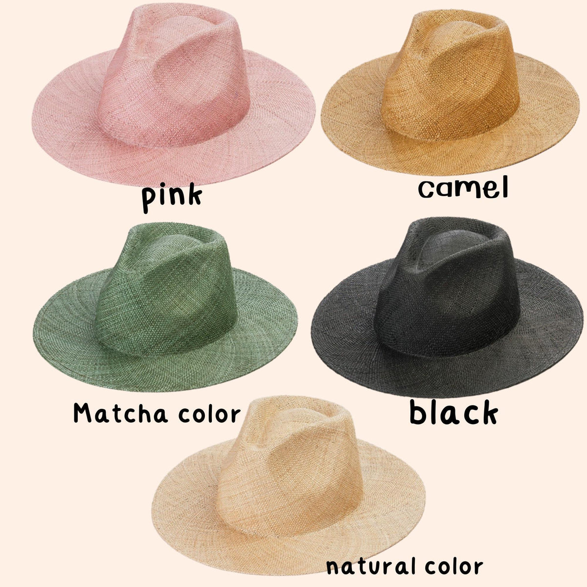 Five wide brim straw sun hats in different colors: pink, camel, matcha green, black, and natural. Lightweight, stylish summer hats for beach, outdoor UV protection, vacation, honeymoon, garden, or as thoughtful gifts for her mom.