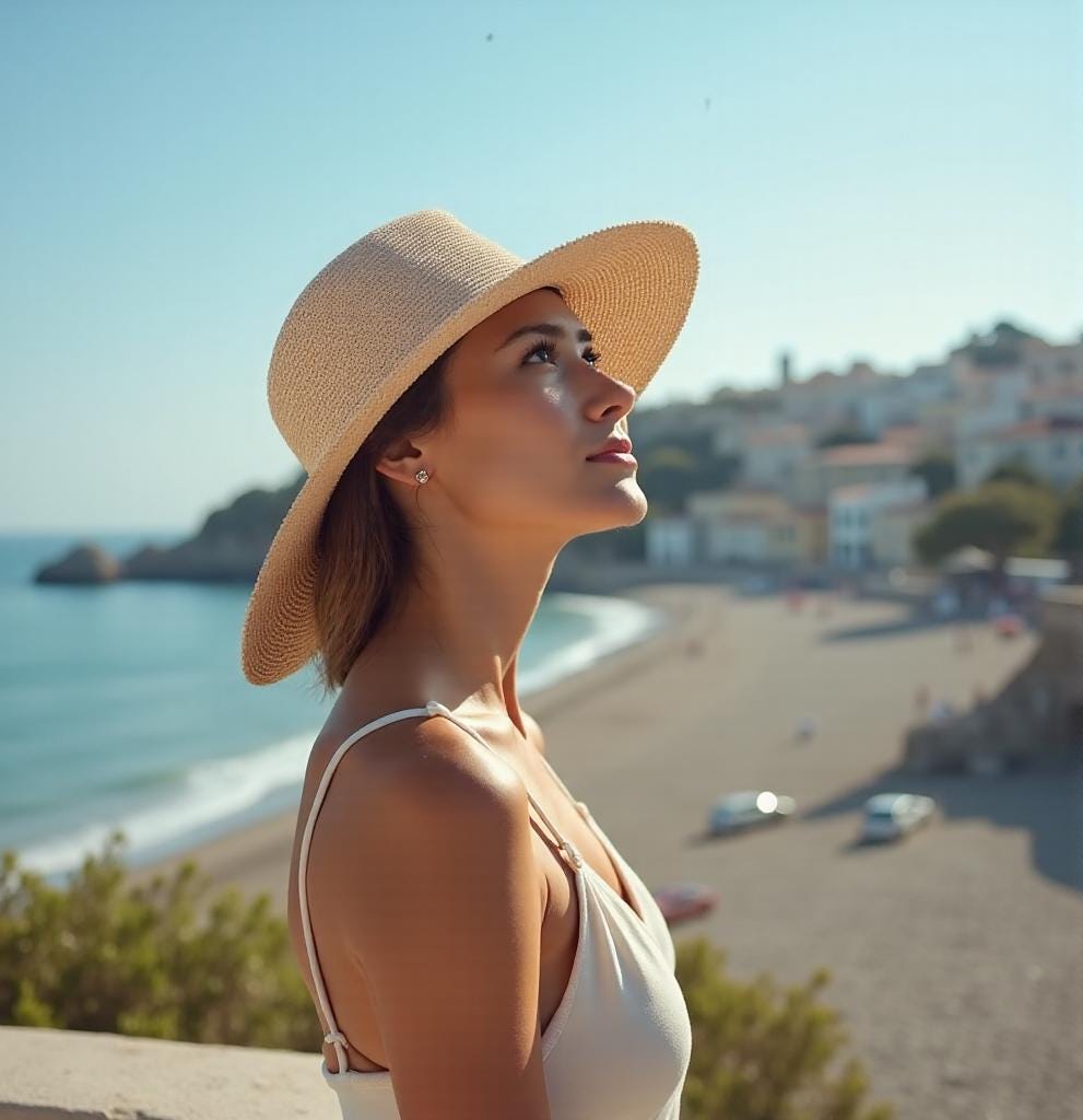 Woman wearing a wide brim straw sun hat by the seaside, dressed in a white summer outfit, looking up with coastal town and beach in the background. Lightweight, stylish hat for beach, outdoor UV protection, vacation, honeymoon, garden, or as a gift for her mom.