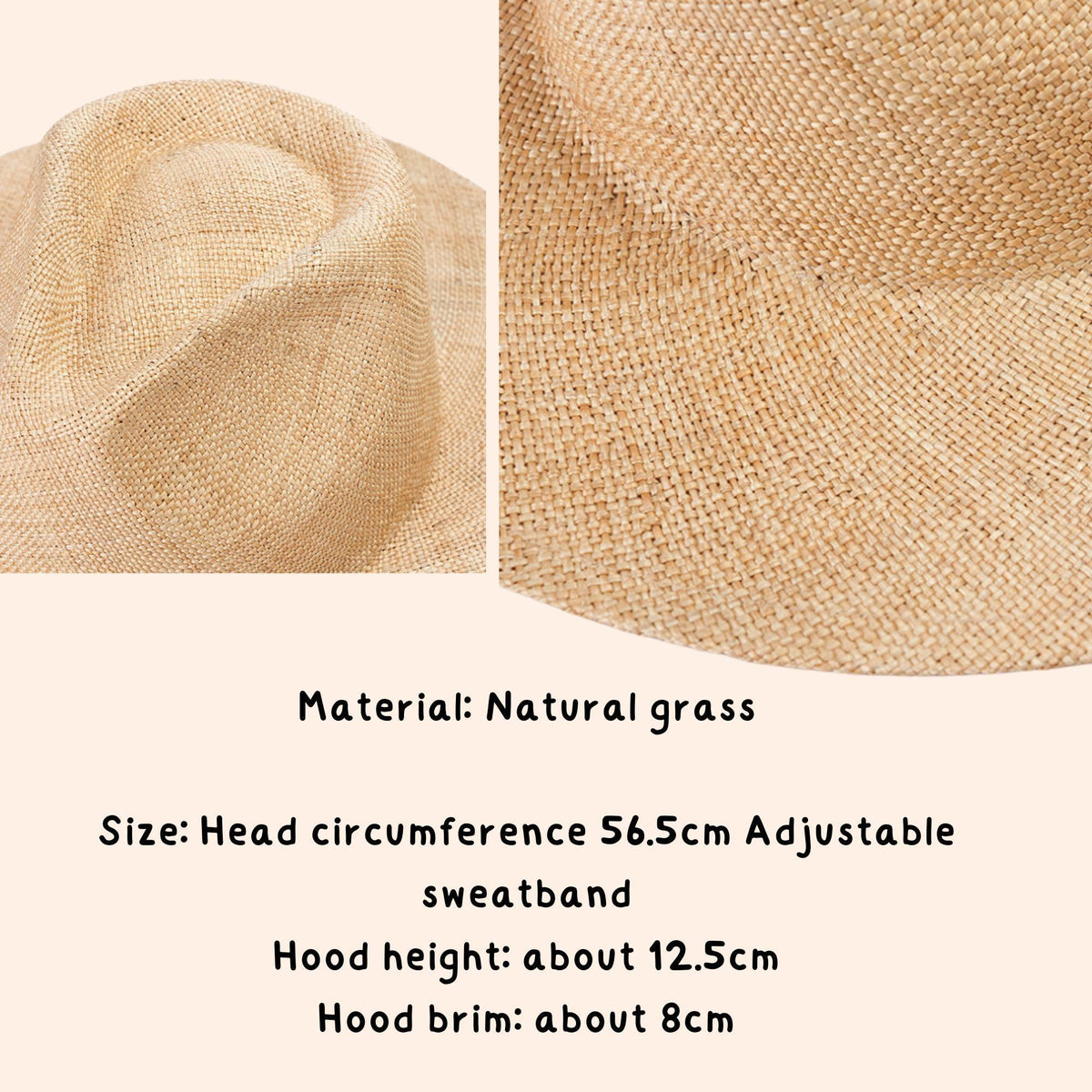 Close-up of wide brim straw sun hat made from natural grass, showing woven texture and size details: head circumference 56.5cm, adjustable sweatband, hood height 12.5cm, brim about 8cm. Stylish summer hat for beach, vacation, UV protection, or as a gift.