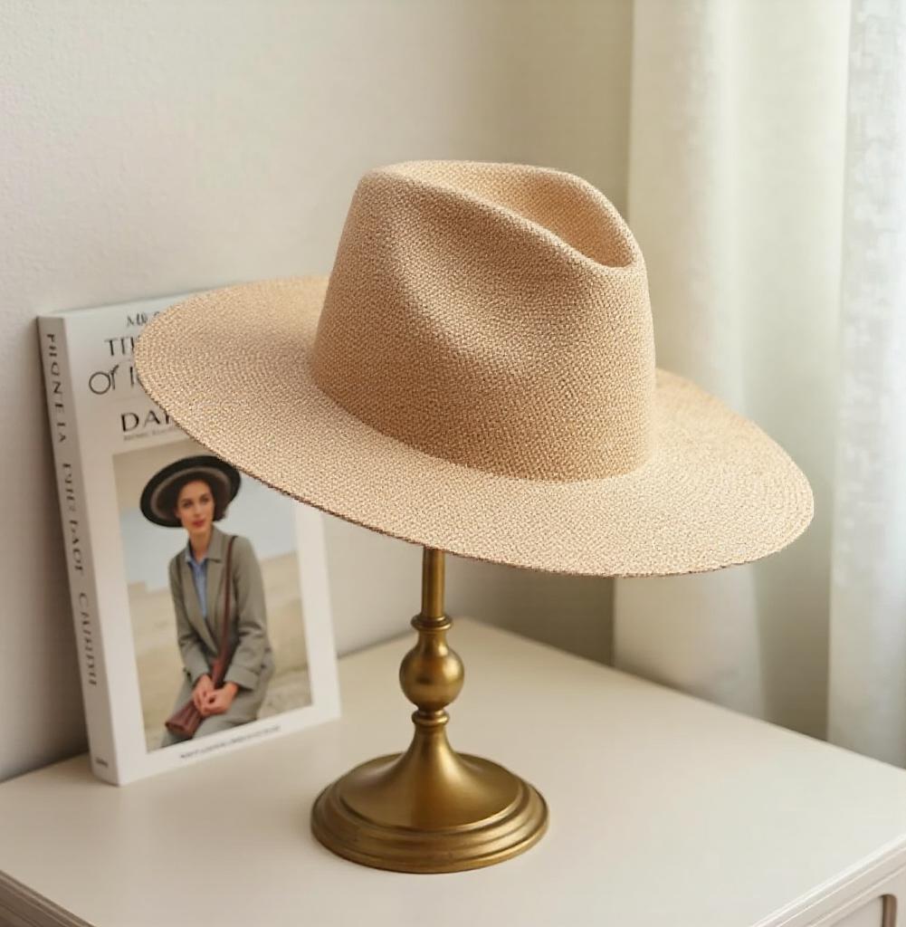 Wide brim straw sun hat with natural woven texture displayed elegantly on a golden stand beside a book. Lightweight, stylish summer hat for beach, outdoor UV protection, vacation, honeymoon, garden, or as a thoughtful gift for her mom.