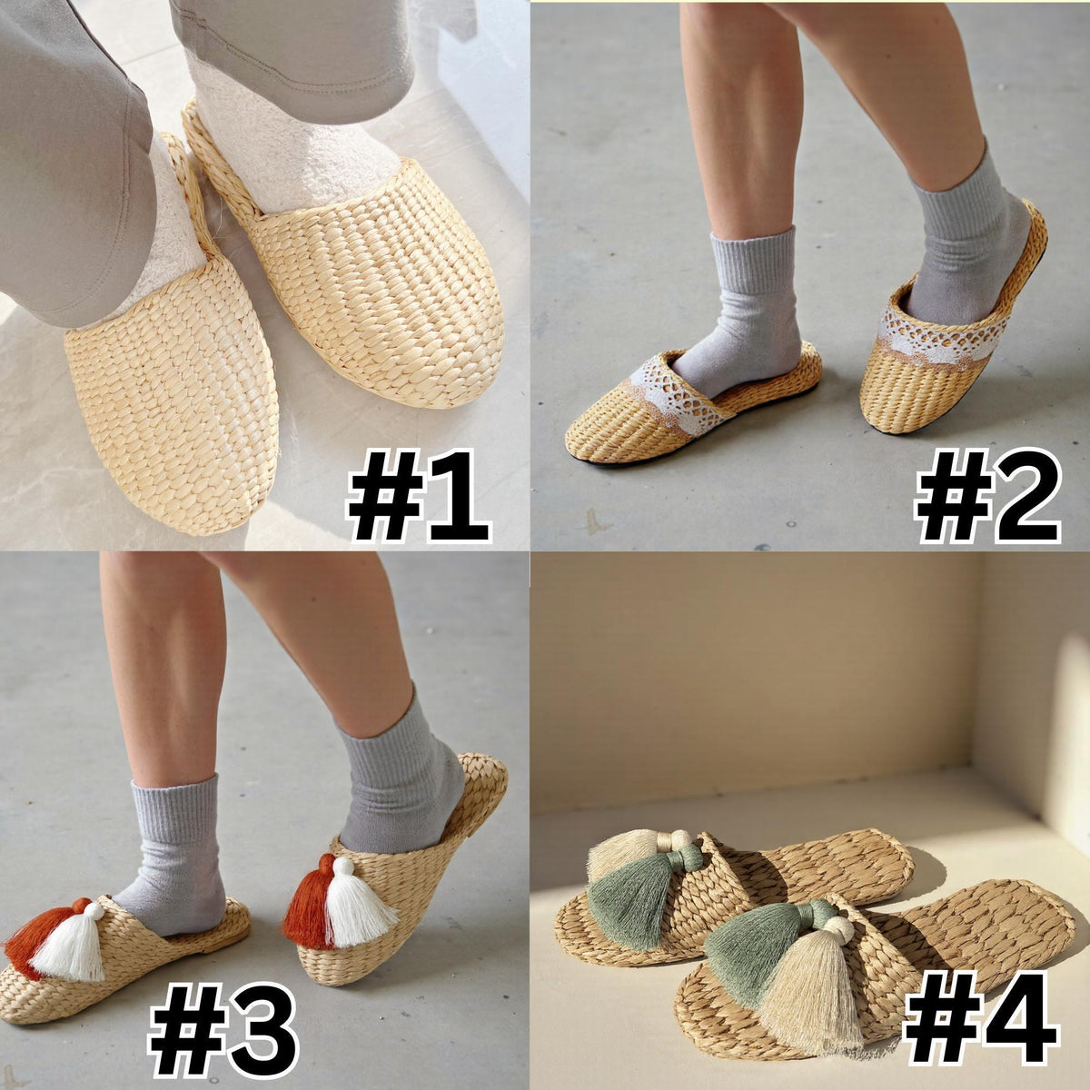 Four styles of handmade straw slippers labeled #1 to #4. Designs include plain closed toe, open weave, tassel decoration in red and white, and tassel decoration in cream and mint green. Lightweight and breathable.