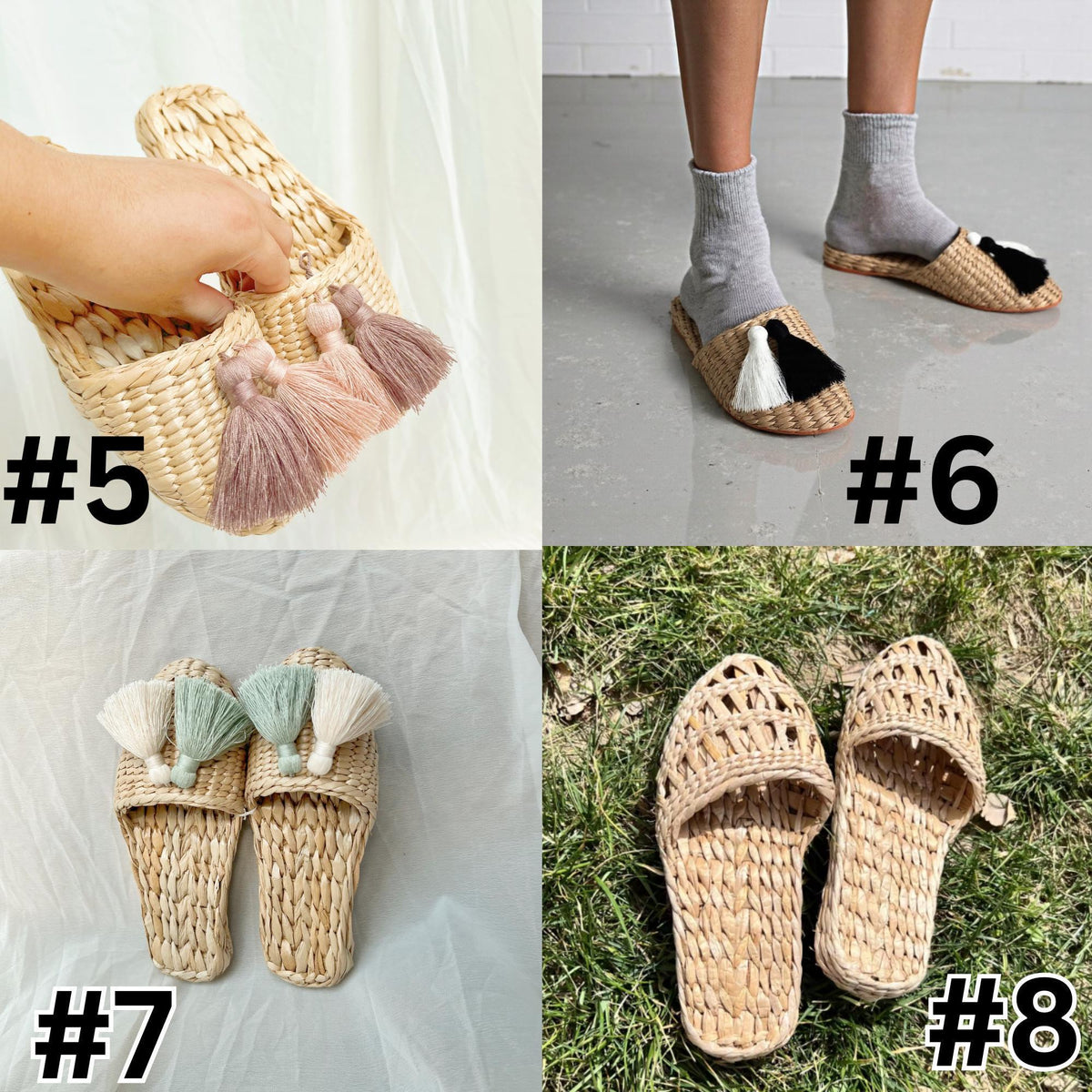 Four styles of handmade straw slippers labeled #5 to #8. Designs include tassels in mauve, black and white, cream and mint green, and an open weave pattern. Natural beige color, lightweight and breathable.