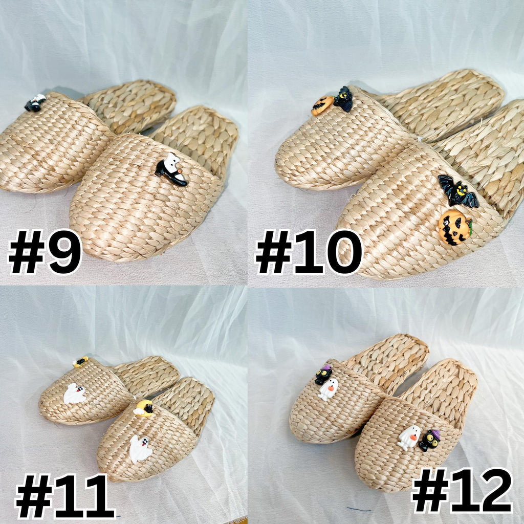 Four styles of handmade straw slippers labeled #9 to #12. Designs feature small decorative patches including animals and Halloween motifs. Natural beige woven texture, closed toe, lightweight and breathable.