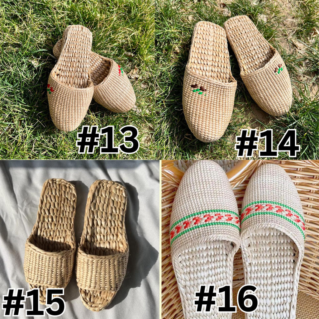 Four styles of handmade straw slippers labeled #13 to #16. Designs include cherry embroidery, plain woven open toe, and closed toe with green and red woven trim. Natural beige color, lightweight and breathable.