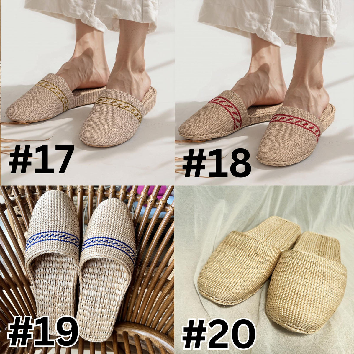 Four styles of women’s woven straw slippers: #17 beige with yellow trim, #18 beige with red trim, #19 natural seagrass with blue trim, #20 plain beige. Soft sole, lightweight, perfect for summer beach, casual slides, comfort wear.