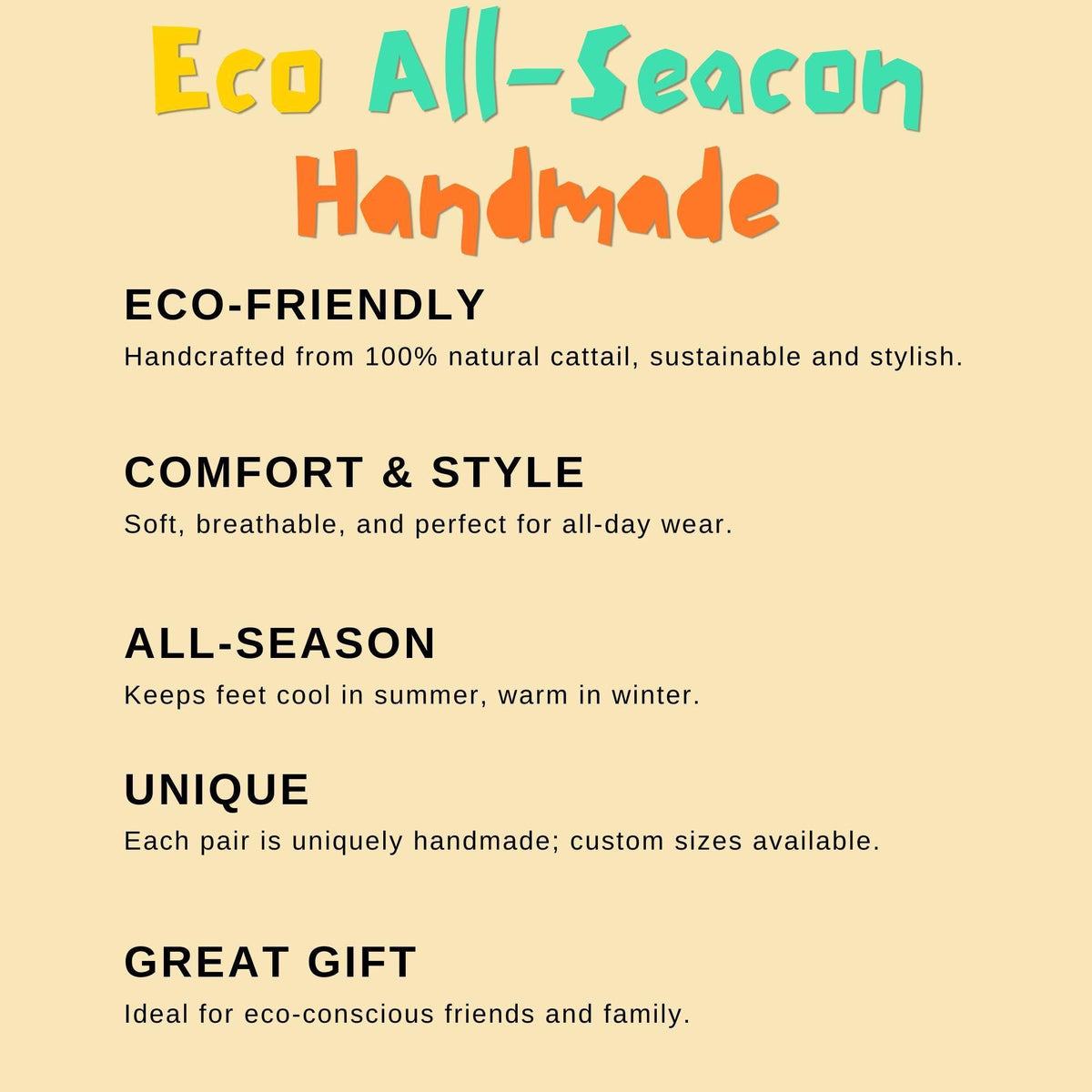 Eco-friendly handmade woven straw slippers made from 100% natural cattail. Soft, breathable, all-season design, each pair uniquely handmade. Ideal sustainable gift for eco-conscious friends and family.