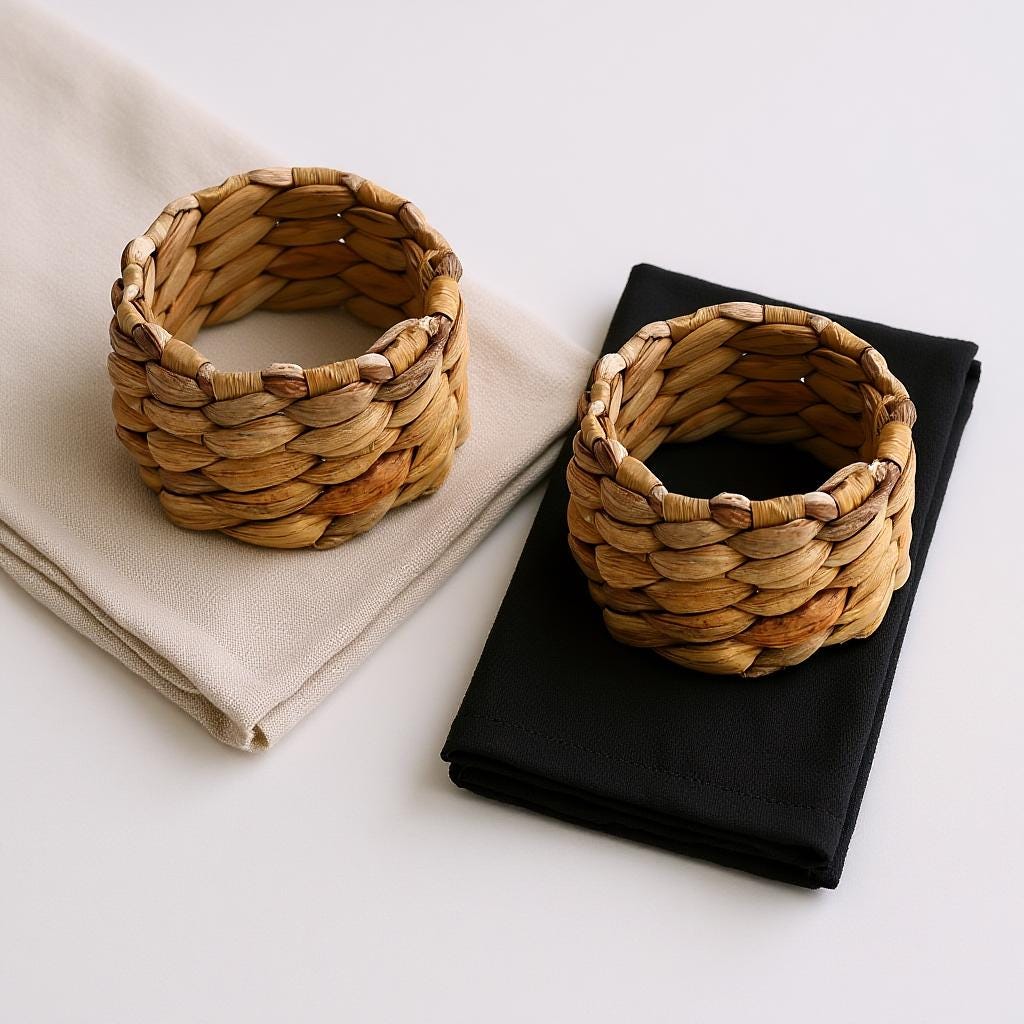 two woven baskets placed on a white surface, one on top of a beige cloth and the other on a black cloth.