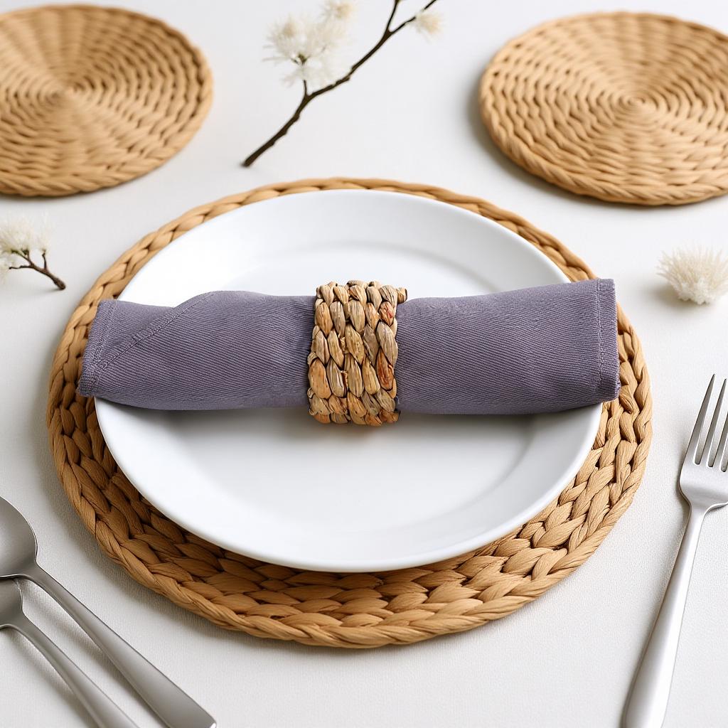 A white plate with a purple napkin rolled up in a napkin ring, accompanied by a fork and spoon, all placed on a woven placemat.