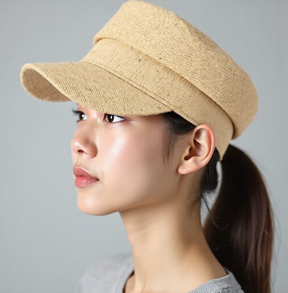 Woman wearing a natural straw sun hat in a flat cap style with a short curved brim, side profile view. Lightweight, stylish summer hat for beach, outdoor UV protection, vacation, garden, honeymoon, or as a thoughtful gift for her mom.