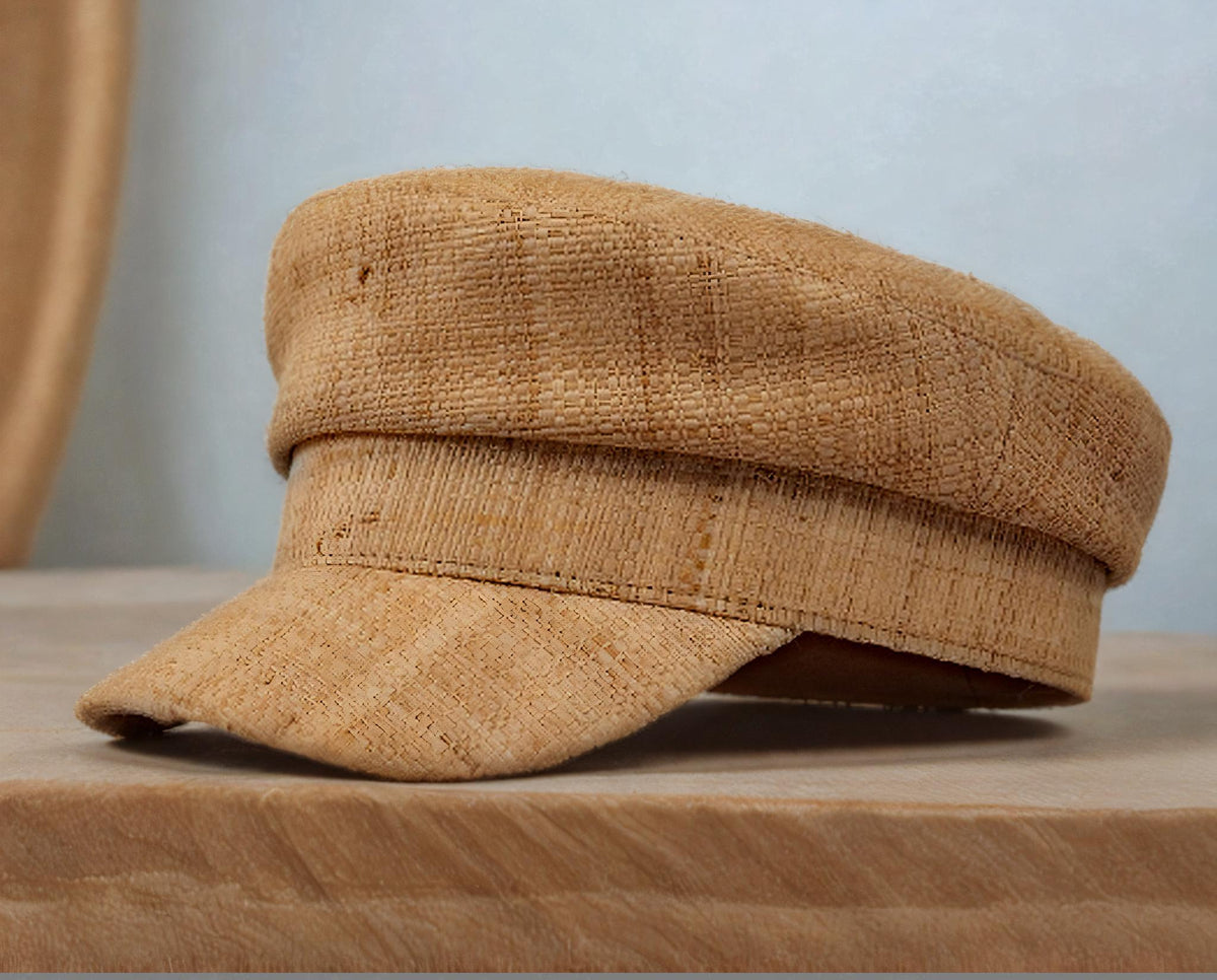 Natural straw sun hat in a flat cap style with short curved brim, displayed on a wooden surface. Lightweight, stylish summer hat for beach, outdoor UV protection, vacation, garden, honeymoon, or as a thoughtful gift for her mom.