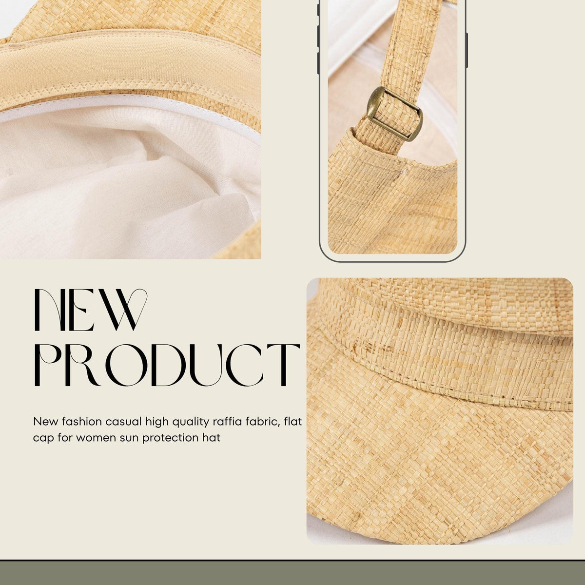 Close-up of natural straw sun hat baseball cap showing raffia fabric texture, stitching, and adjustable strap. Lightweight, stylish summer hat for beach, outdoor UV protection, vacation, garden, honeymoon, or as a gift for her mom.