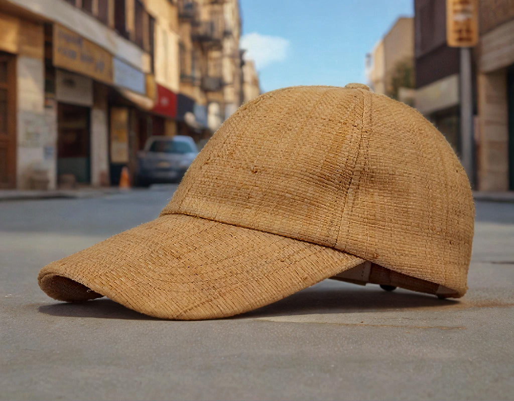 Natural straw sun hat baseball cap with curved brim placed on a city street. Lightweight and stylish summer hat for beach, outdoor UV protection, vacation, garden, honeymoon, or as a thoughtful gift for her mom.