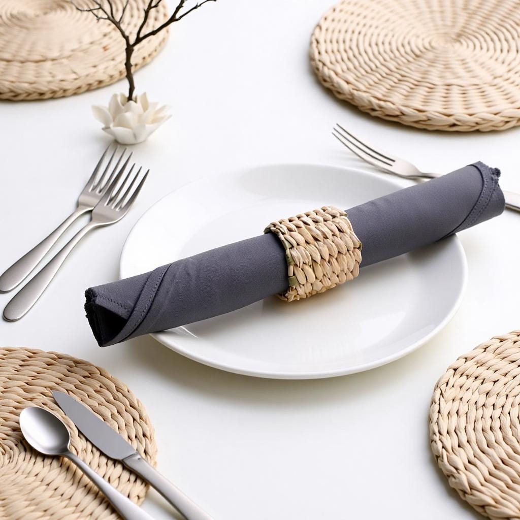 A neatly arranged table setting with a white plate, silverware, and a rolled-up napkin on a woven placemat.