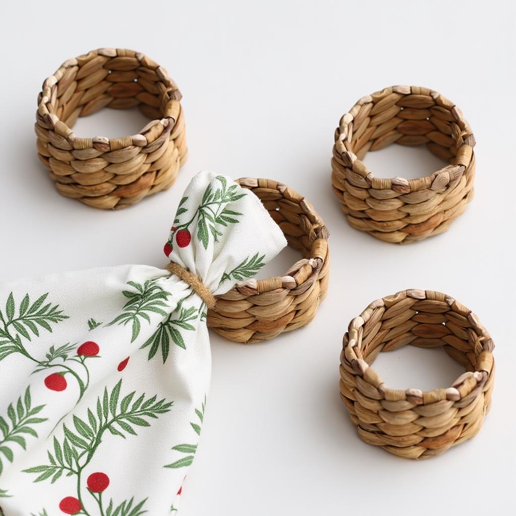 a set of four woven napkin rings arranged on a white background.