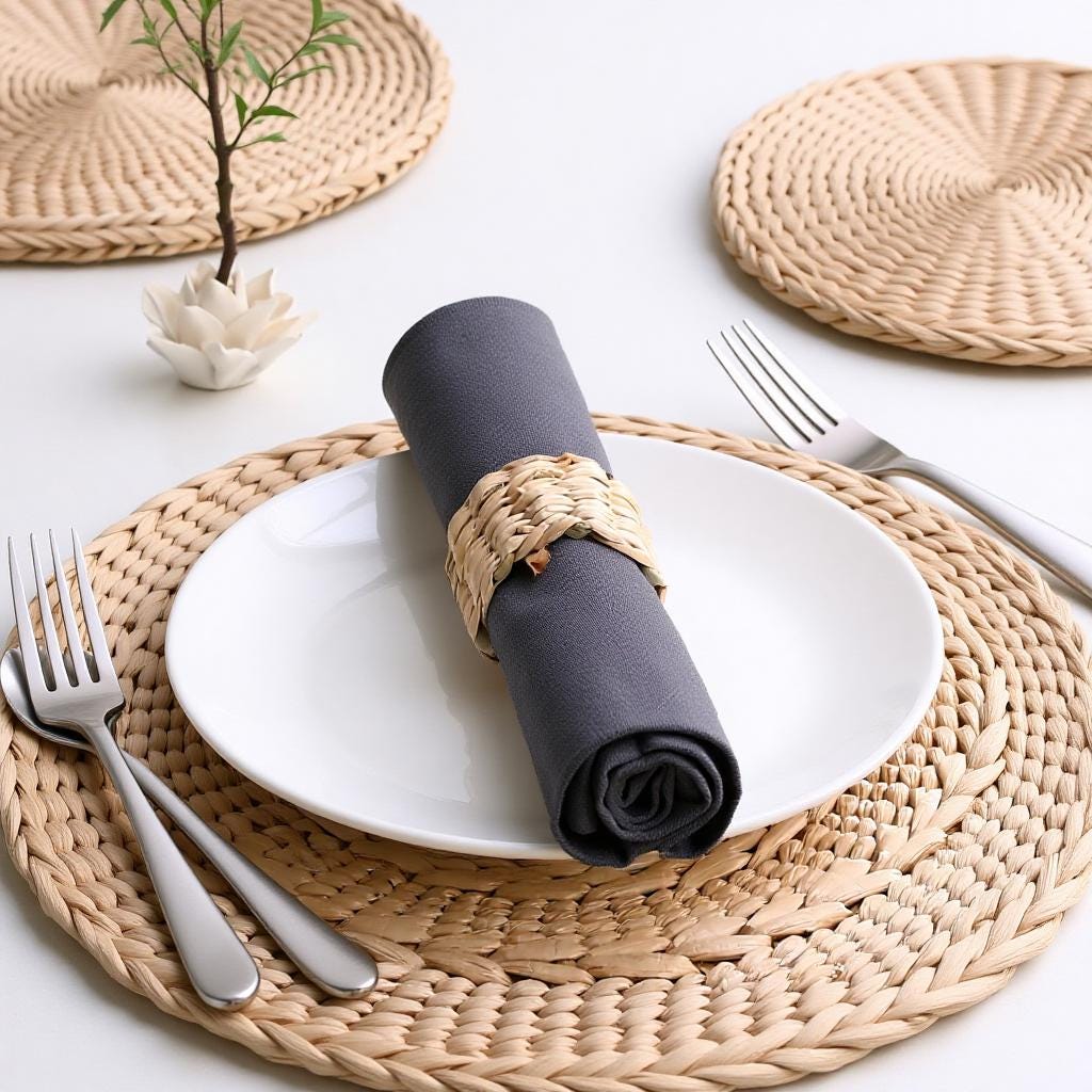 A neatly arranged place setting with a white plate, silverware, and a rolled-up napkin on a woven placemat.