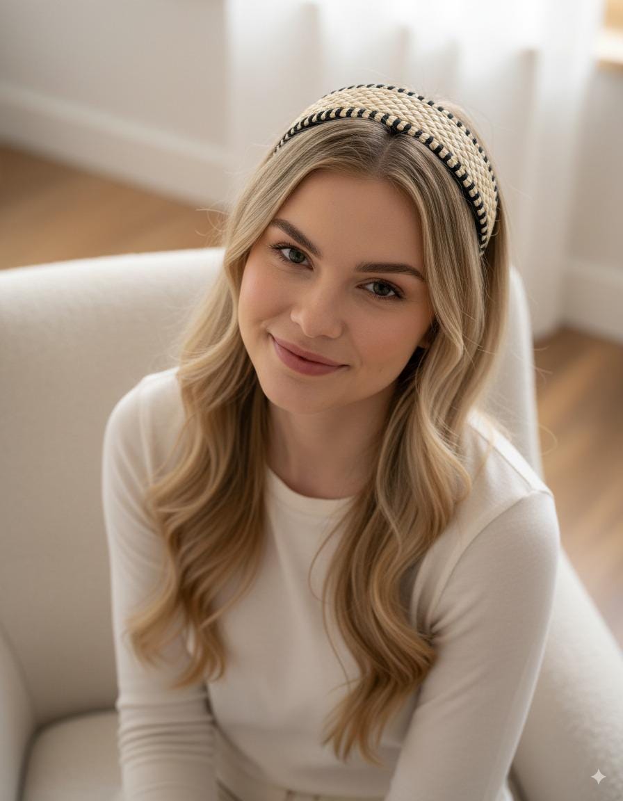 A young woman with long, wavy blonde hair is sitting on a white chair, smiling at the camera.