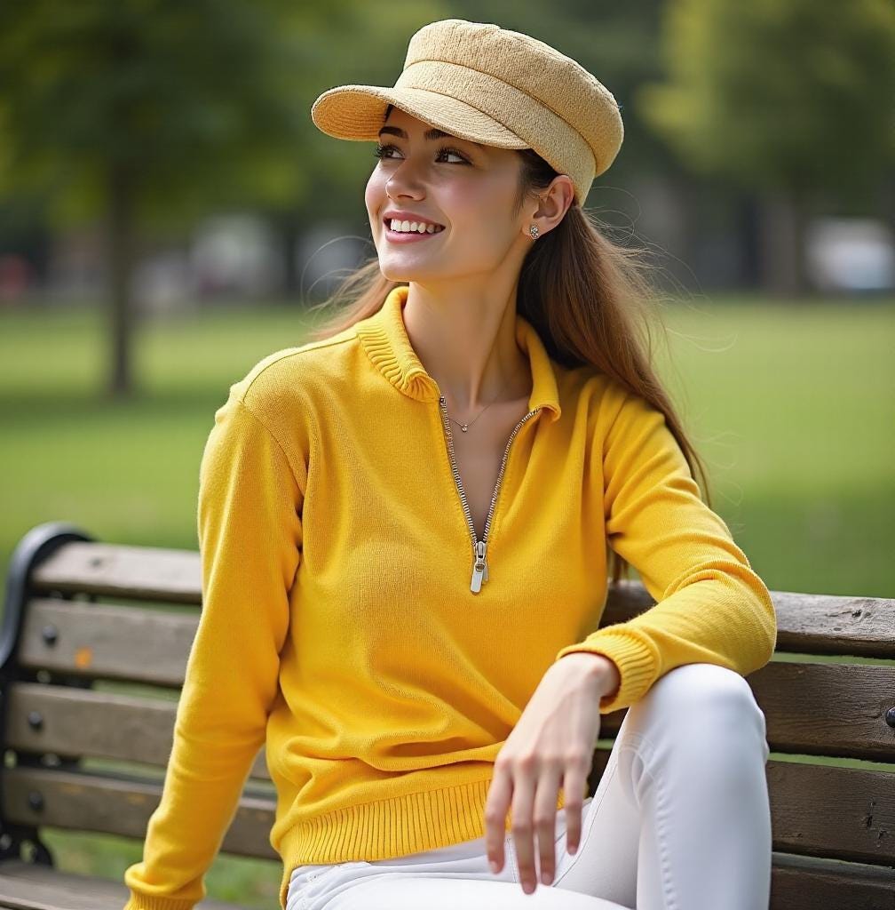 Woman smiling on a park bench wearing a natural straw sun hat in a flat cap style with short brim, paired with a yellow sweater. Lightweight, stylish summer hat for beach, outdoor UV protection, vacation, garden, honeymoon, or as a gift for her mom.