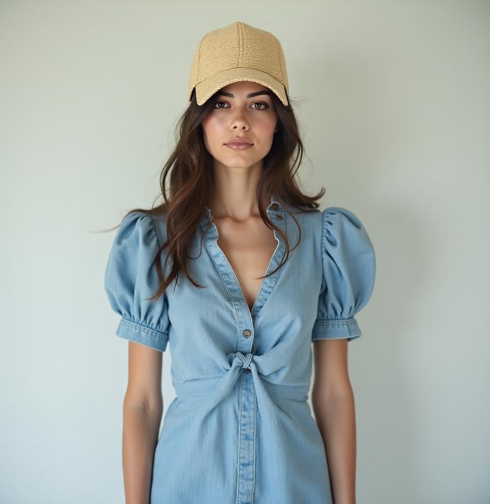 Woman wearing a natural straw sun hat baseball cap with a curved brim, paired with a blue puff-sleeve dress. Lightweight, stylish summer hat for beach, outdoor UV protection, vacation, garden, honeymoon, or as a thoughtful gift for her mom.
