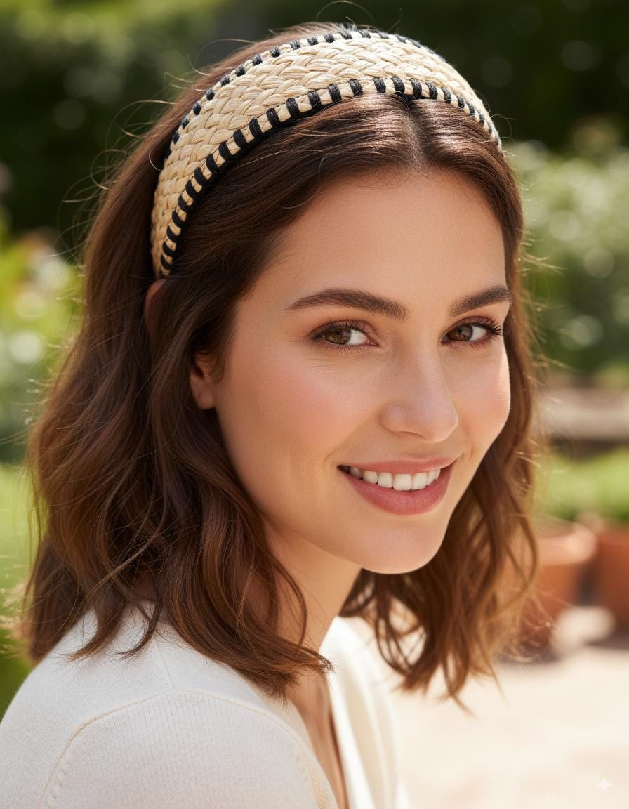 A woman with brown hair wearing a white top and a beige headband smiles at the camera.