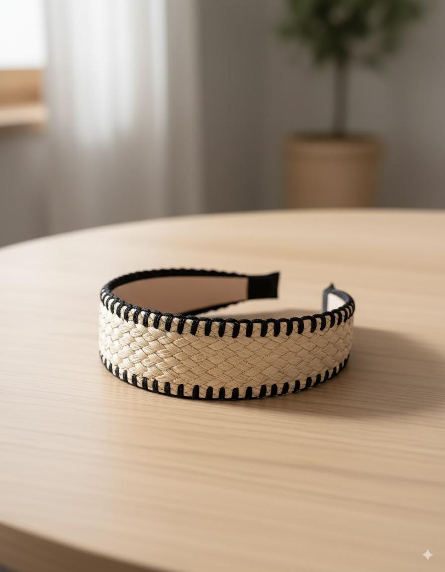 A woven headband with a black and white braided pattern rests on a wooden surface.