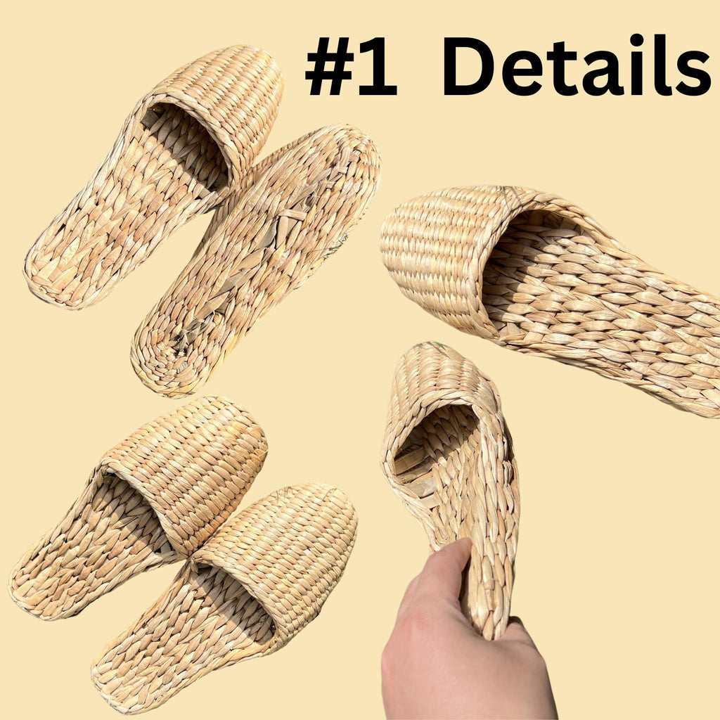 Multiple angles of #1 handmade straw slippers showing closed toe design, woven texture, and natural beige color. Includes top, side, and hand-held views. Lightweight, breathable footwear.