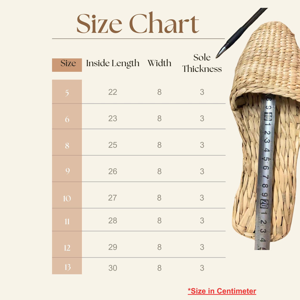 The image is a size chart that provides measurements for different shoe sizes, including inside length, width, sole thickness, and toe width. The chart is accompanied by a scale for measuring the shoe size.