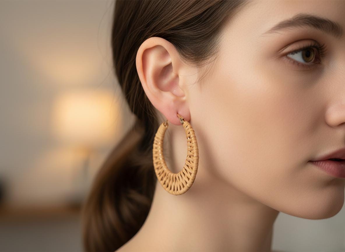 A close-up of a woman's face wearing large, round earrings made of woven material.