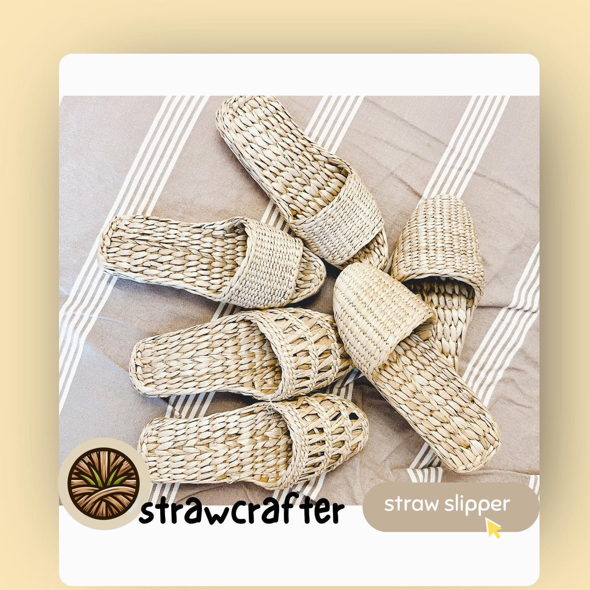A variety of handmade straw slippers in different open toe and closed toe designs, displayed on a striped fabric. Natural beige color, woven texture. Lightweight, breathable, perfect as house shoes or summer sandals.