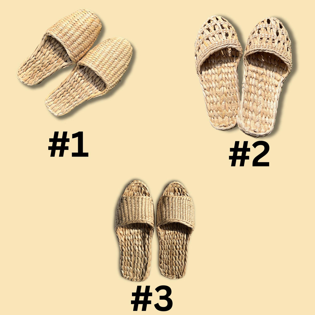 Three styles of handmade straw slippers on beige background, labeled #1, #2, and #3. Designs include closed toe and open weave patterns. Natural beige color, lightweight and breathable footwear.