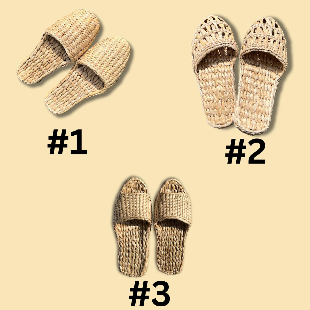 Three styles of handmade straw slippers on beige background, labeled #1, #2, and #3. Designs include closed toe and open weave patterns. Natural beige color, lightweight and breathable footwear.