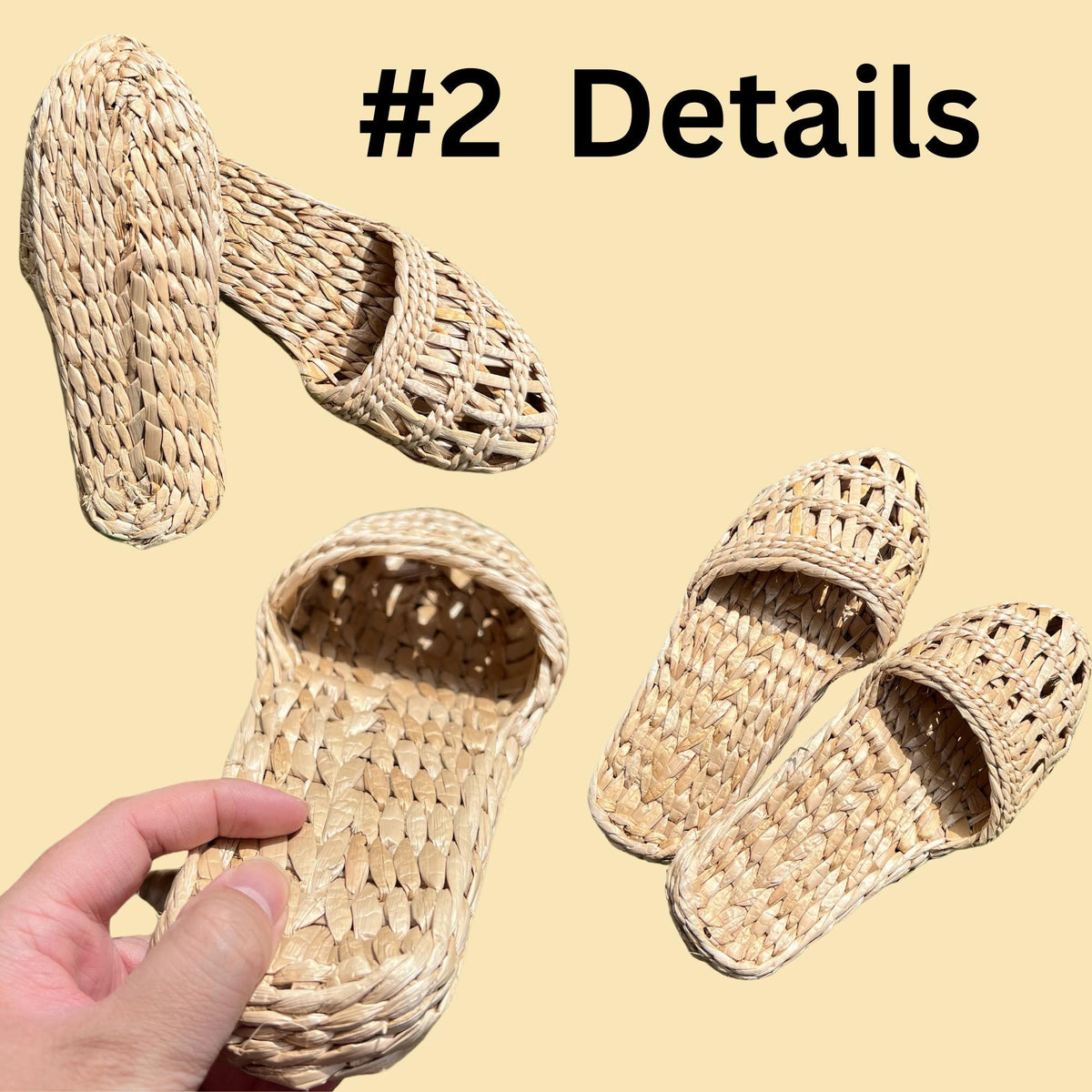 Multiple angles of #2 handmade straw slippers with open weave upper and closed toe design. Natural beige color, woven texture, shown from top, side, and hand-held views. Lightweight and breathable.
