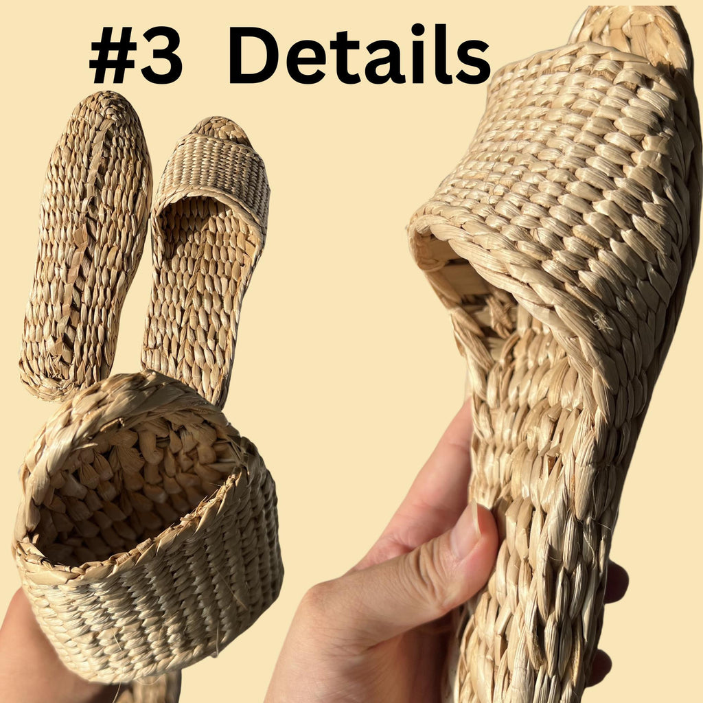 Multiple angles of #3 handmade straw slippers with open toe and wide woven upper. Natural beige color, textured sole, shown from top, side, and hand-held views. Lightweight and breathable footwear.