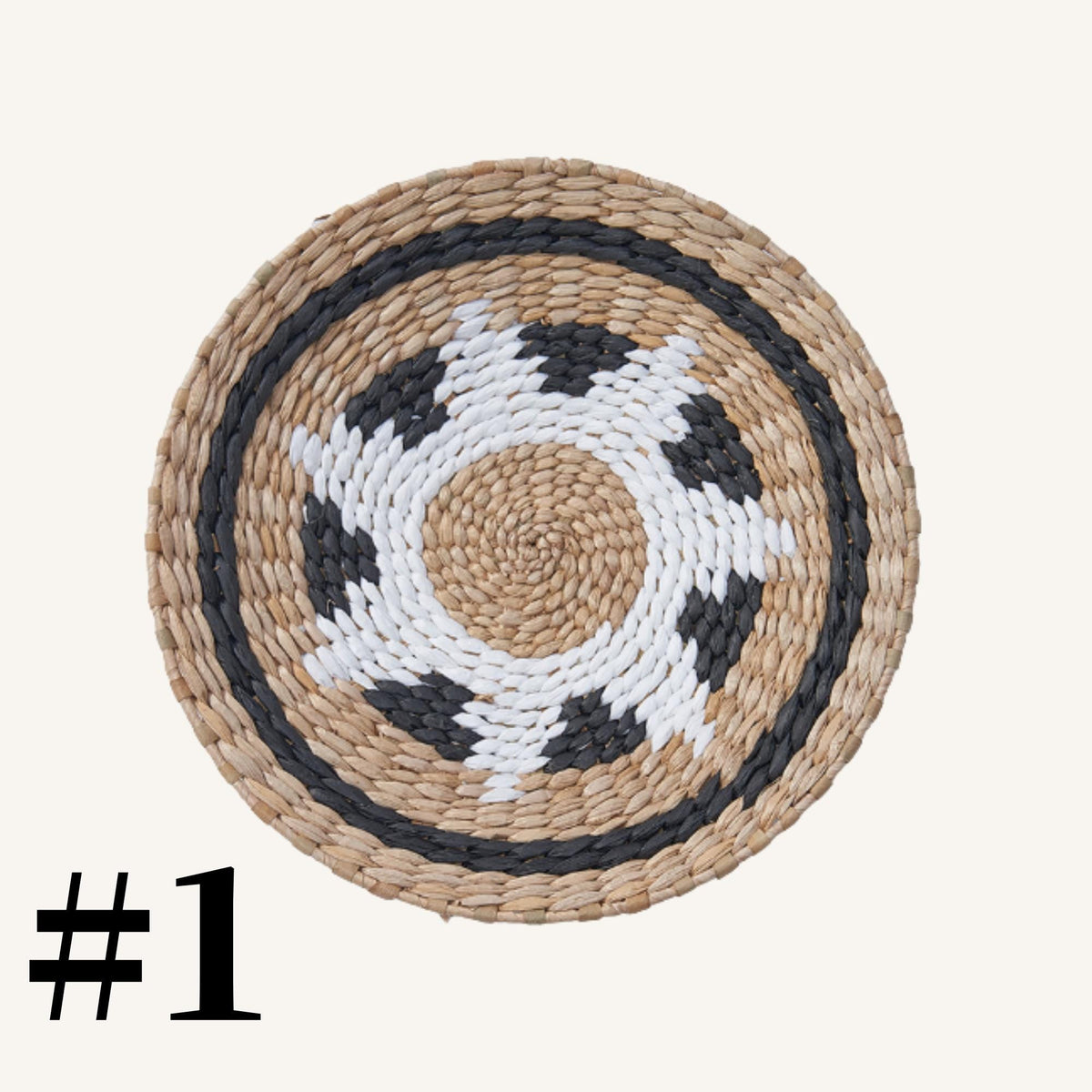 A woven basket with a circular pattern of black and white designs.