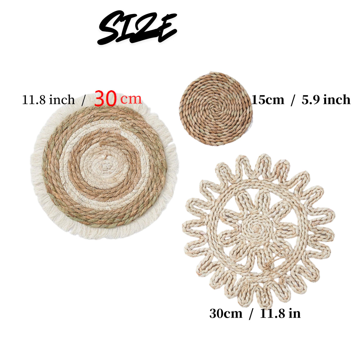 three different woven coasters or placemats, each with varying sizes and designs. The coasters are labeled with their respective sizes in centimeters, including a 30 cm coaster, a 15 cm coaster, and a 5.9 cm coaster.