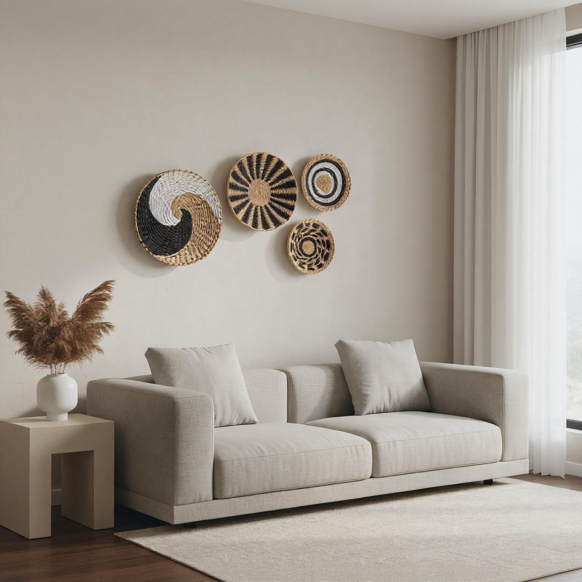 a modern living room with a gray sofa, a white side table, and a large window with sheer curtains. The walls are painted white, and there are four decorative baskets on the wall, each with a unique design.