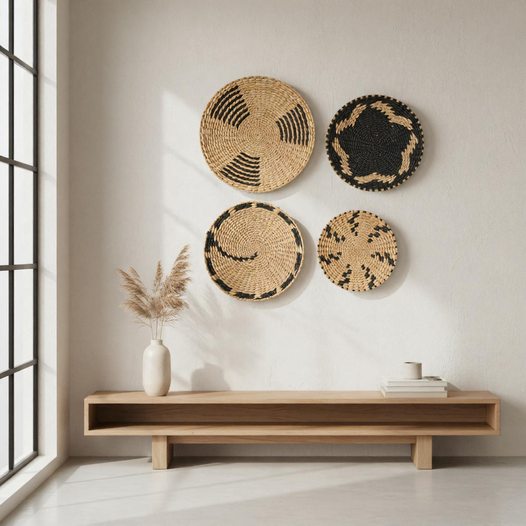 a minimalist interior design with a wooden console table, a vase of dried flowers, and four woven baskets hanging on the wall above it.