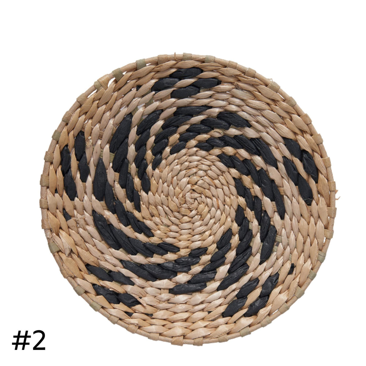 a round woven basket with a spiral pattern of alternating light and dark colors.